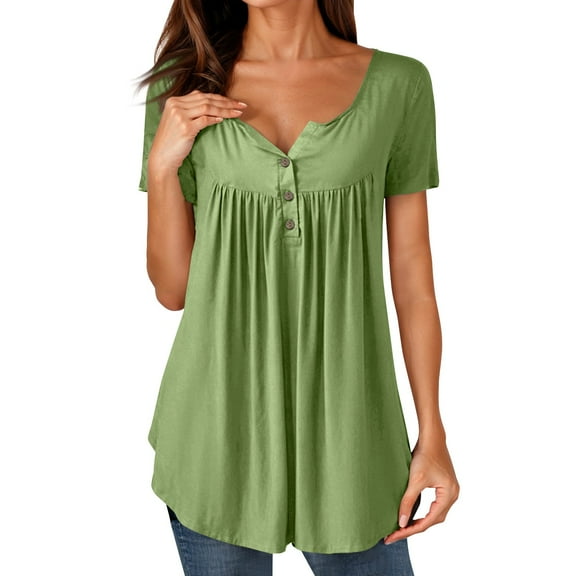 NAMTYQX Short Sleeve Shirts for Women Loose Fit Casual Plus Size Trendy Short Sleeve Ruched Graphic Button Vneck Army Green Size 3XL