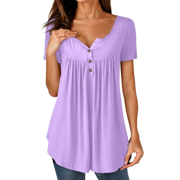 NAMTYQX Short Sleeve Shirts for Women Loose Fit Pleated Button V Neck Fashion Short Sleeve Patterns Casual Plus Size Purple Size S