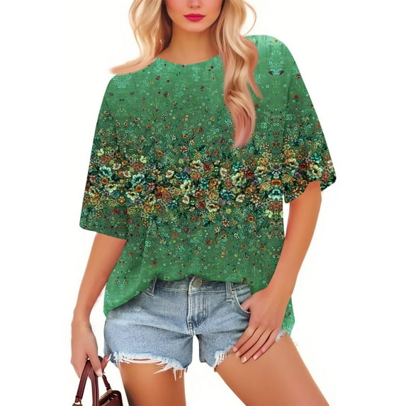 NAMTYQX Short Sleeve Shirts for Women Loose Soft Short Sleeve Casual Crewneck Plus Size Cute Patterned Hip Dark Green Size XL