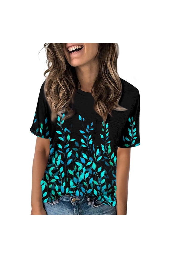 Short Sleeve Shirts for Women Patterned Round Neck Loose Short Sleeve Shirts for Women Trendy Summer Dark Green Size XL
