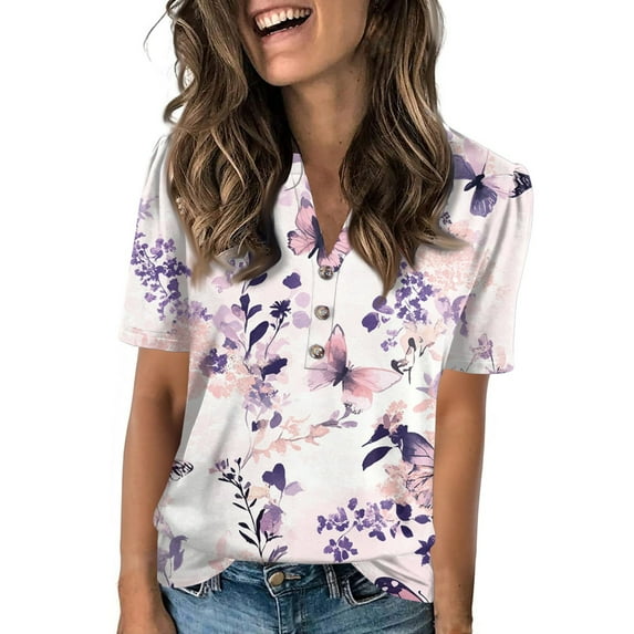 NAMTYQX Short Sleeve Shirts for Women Short Sleeve Hip Button V Neck Stretchy Womens Blouses Dressy Casual Light Purple Size XL