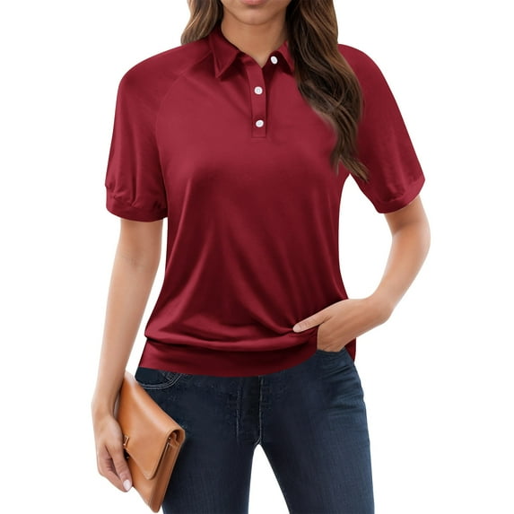 NAMTYQX Short Sleeve Shirts for Women Short Sleeve Soft Casual Womens Polo Shirts Casual Lapel Wine Size L