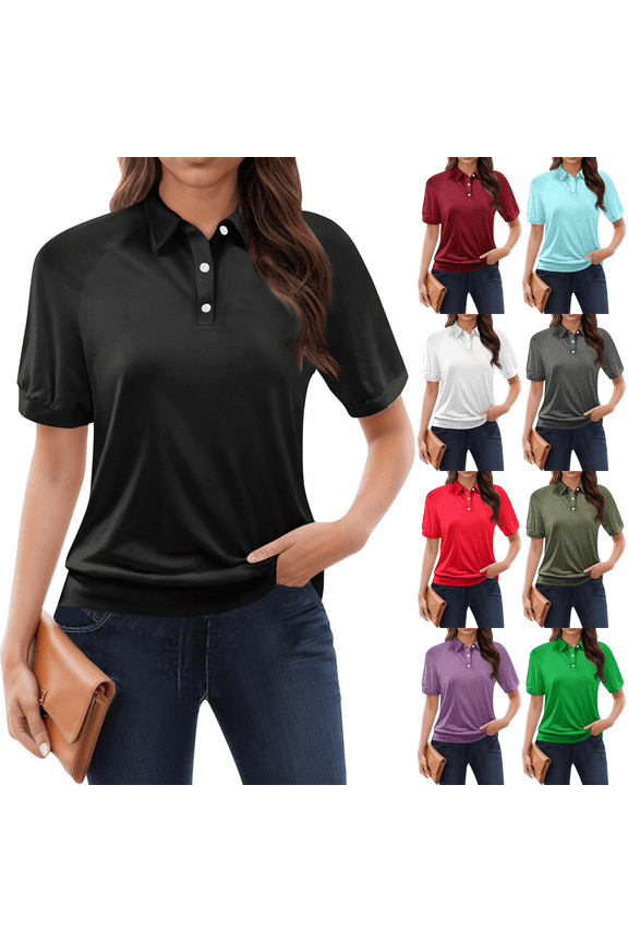 Short Sleeve Shirts for Women Slacking Lapel Casual Soft Womens Golf Polo Shirts Short Sleeve Black Size 2XL