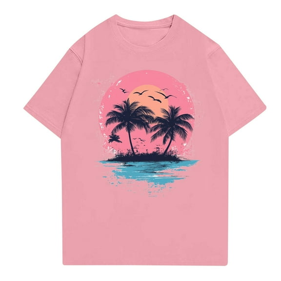 NAMTYQX Short Sleeve Shirts for Women Stretch Plus Size Short Sleeve Casual Cute Hawaii Tropical Graphic Crewneck Baggy Pink Size L