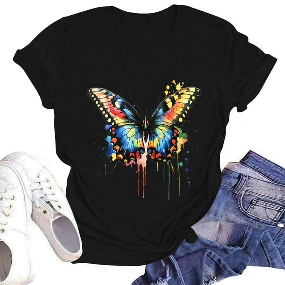 NAMTYQX Short Sleeve Tops for Women Cute Short Sleeve Muster Printed Relaxed Fit Lightweight Airoft Plus Size Scoop Neck Womens Spring Tops Black Size S