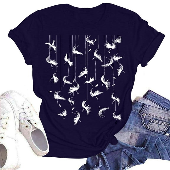 NAMTYQX Short Sleeve Tops for Women Cute Light Cool Short Sleeve Round Neck Loose Oversized Graphic Mit Muster Women's Blouses Navy Size M