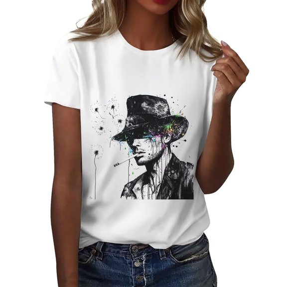 NAMTYQX Short Sleeve Tops for Women Pattern Stretchy Crew Neck Short Sleeve Cool Fashion Loose Fit Simple Plus Size Dark Gray Size L