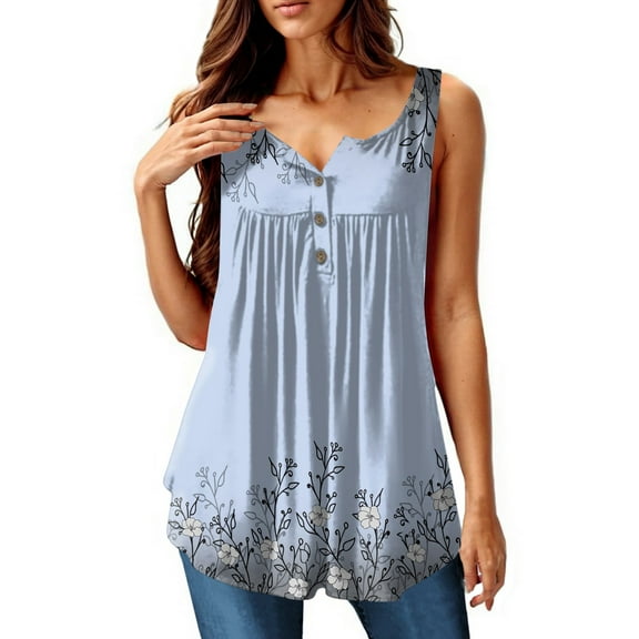 NAMTYQX Sleeveless Tops for Women Button V Neck Plus Size Loose Fit Trendy Sleeveless Casual Graphic Tees for Women Trendy Light Blue Size 3XL