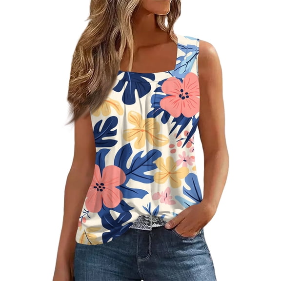 NAMTYQX Sleeveless Tops for Women Casual Graphic Wide Shoulder Straps Slim Fit Stylish Tanks Square Neck Stretch Royal Blue Size S