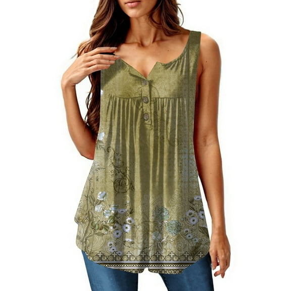 NAMTYQX Sleeveless Tops for Women Hip Ruffle Plus Size Button V Neck Patterned Casual Business Casual Tops for Women Yellow Size L