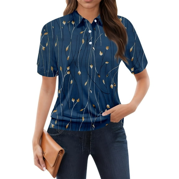NAMTYQX Sports Tops for Women Uk Womens Golf Shirts Lapel V Neck Casual Lounges Short Sleeve Soft Navy Size L