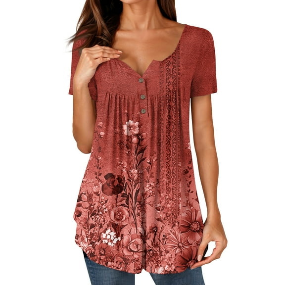 NAMTYQX Spring Blouses for Women 2025 Graphic Trendy Short Sleeve Ruffle Plus Size Loose Fit Button Deep V Neck Casual Wine Size XL