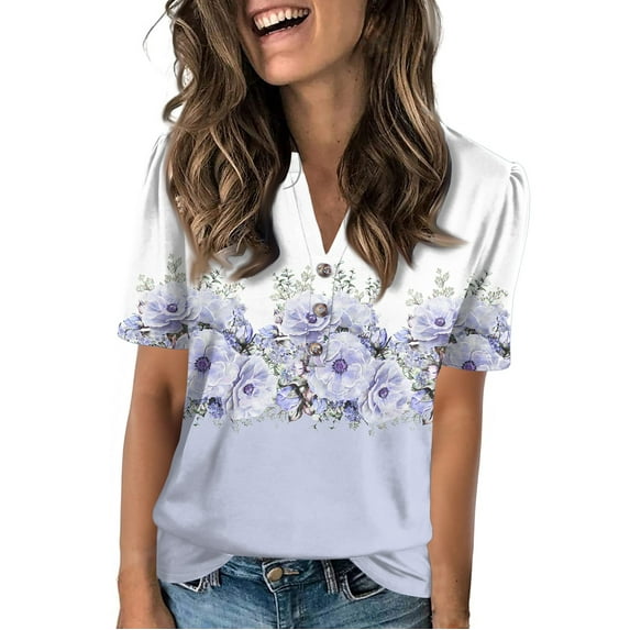 NAMTYQX Spring Blouses for Women 2025 Loose Fit Plus Size Comfort Casual Stylish Button V Neck Short Sleeve Soft Light Purple Size L