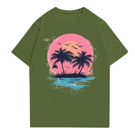NAMTYQX Spring Blouses for Women 2025 Scoop Neck Stretch Loose Classic Plus Size Casual Hawaii Tropical Patterned Short Sleeve Army Green Size M