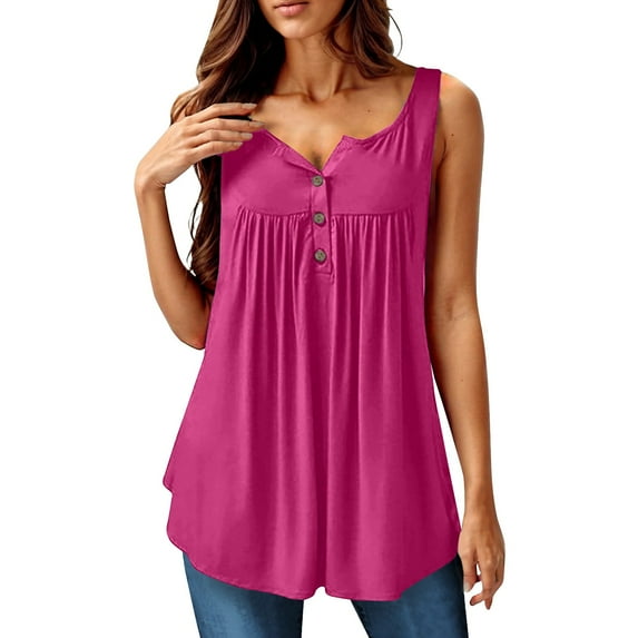 NAMTYQX Spring Blouses for Women 2025 Sleeveless Loose Fit Button V Neck Plus Size Casual Fashion Button Down Shirts for Women Hot Pink Size S