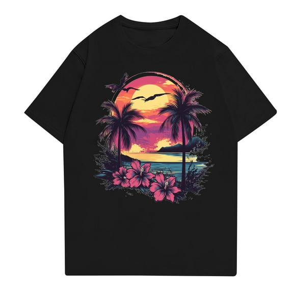 NAMTYQX Spring Blouses for Women 2025 Soft Simple Short Sleeve Hawaii Tropical Graphic Loose Crewneck Plus Size Casual Black Size M