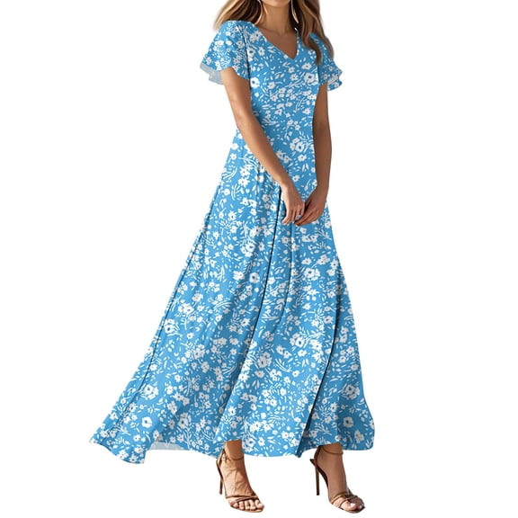 NAMTYQX Spring Dresses for Women 2025 Boho Maxi Dress High Waist Chiffon Boho Maxi Dresses for Women 2025 Sky Blue Size L