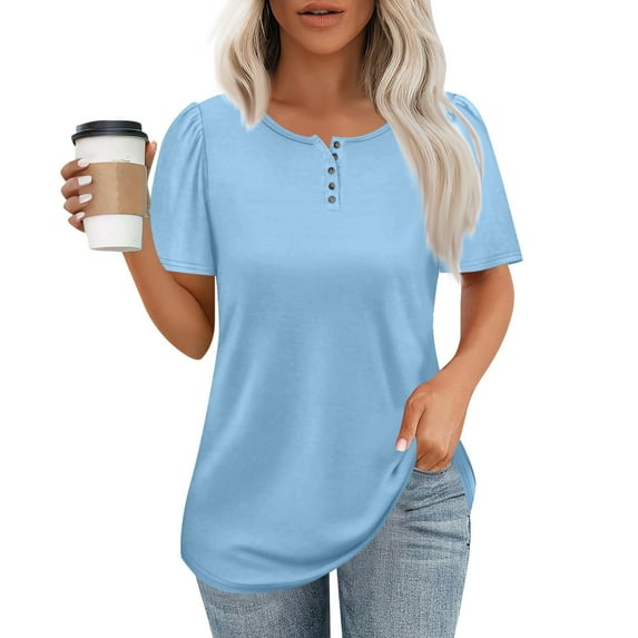 NAMTYQX Spring Shirts for Women 2025 Comfort Soft Plus Size Crewneck Fashion Lounge Solid Color Short Sleeve Loose Fit Light Blue Size 3XL