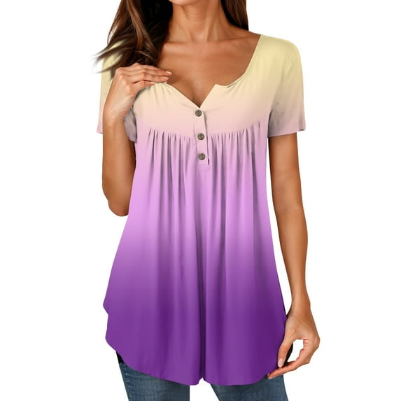 NAMTYQX Spring Shirts for Women 2025 Plus Size Short Sleeve Casual Ruffle Button V Neck Trending Pattern Loose Fit Purple Size L