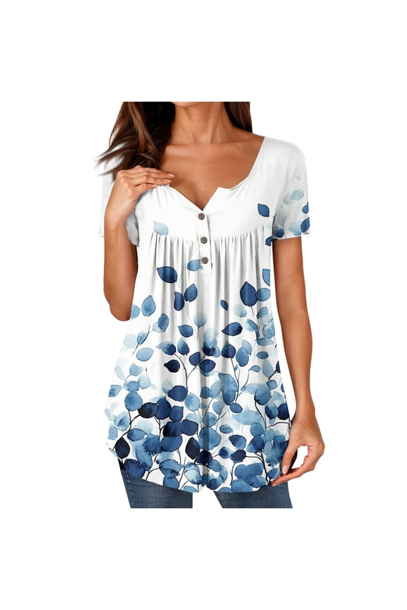 Spring Shirts for Women 2025 Short Sleeve Plus Size Button Deep V Neck Graphic Casual Ruffle Trending Loose Fit Sky Blue Size 5XL