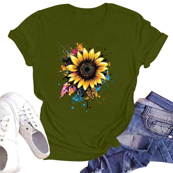 NAMTYQX Spring Tops for Women 2025 Plus Size Cool Light Loose Fitting Basic Scoop Neck Short Sleeve Gemusterte Print Womens Graphic Tees Army Green Size M