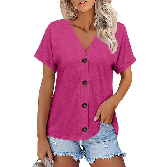 NAMTYQX Spring Tops for Women 2025 Boxy Fit Plus Size Button Down Open Front Lightweight V Neck Short Sleeve Hip Casual Soft Hot Pink Size L