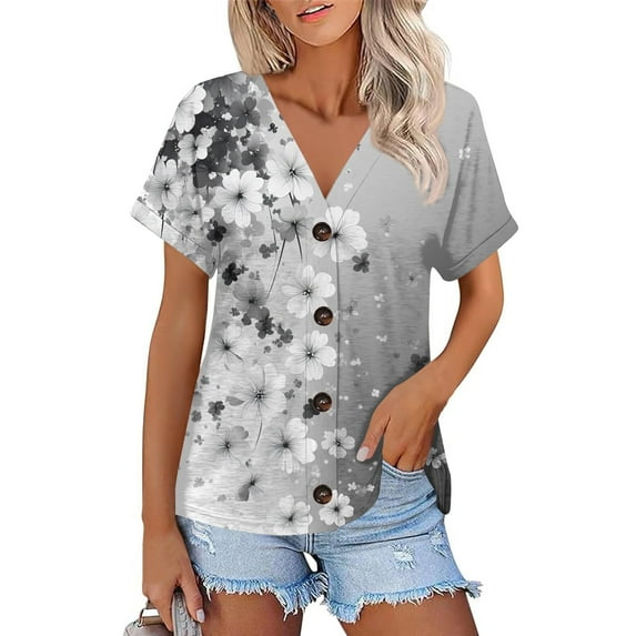 NAMTYQX Spring Tops for Women 2025 Casual Hip Plus Size Button Down Open Front Light Short Sleeve V Neck Soft Baggy Light Gray Size 3XL