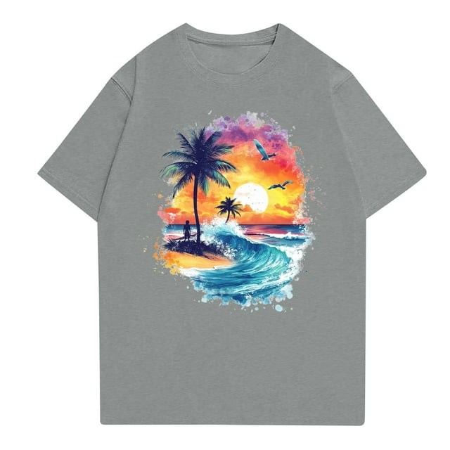 NAMTYQX Spring Tops for Women 2025 Casual Short Sleeve Classic Hawaii Tropical Graphic Crewneck Plus Size Lightweight Loose Gray Size 5XL