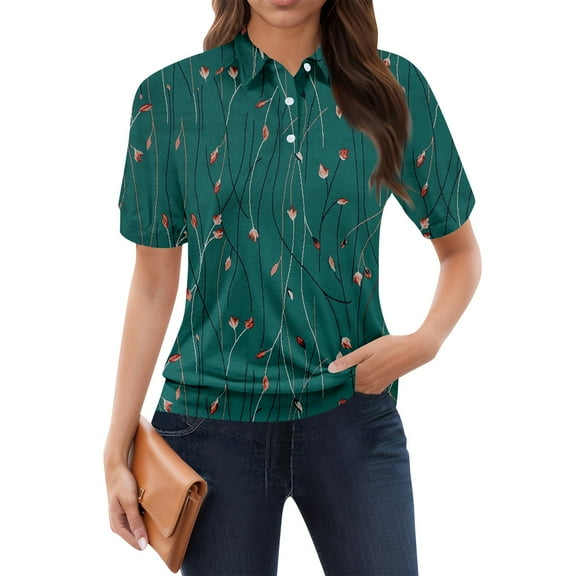 NAMTYQX Spring Tops for Women 2025 Lapel Slacking Soft Womens Polo Shirts Short Sleeve Casual Green Size M