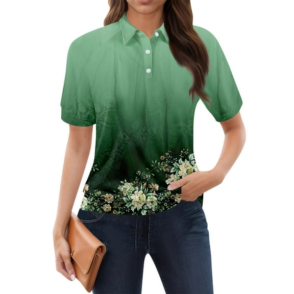 NAMTYQX Spring Tops for Women 2025 Lapel Womens Bowling Shirt Soft Lounge Short Sleeve Trendy Green Size M
