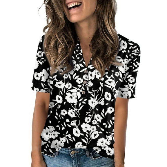 NAMTYQX Spring Tops for Women 2025 Pattern Button V Neck Lightweight Women's Tops Trendy Tops for Women 2025 Black Size 2XL