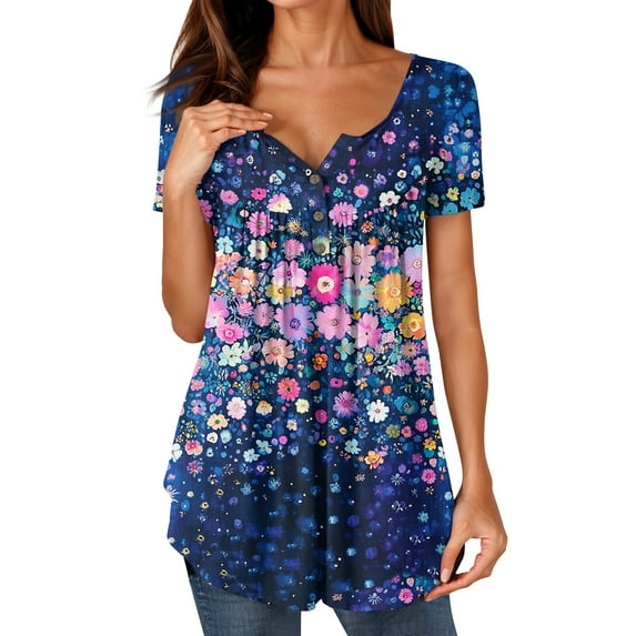 NAMTYQX Spring Tops for Women 2025 Patterned Ruffle Button V Neck Loose Fit Casual Plus Size Trendy Short Sleeve Dark Blue Size 2XL