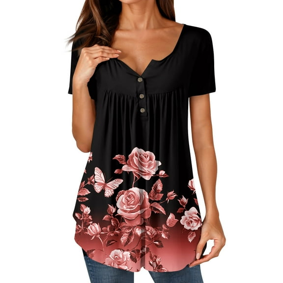 NAMTYQX Spring Tops for Women 2025 Plus Size Casual Fashion Short Sleeve Ruffle Patterns Boxy Fit Button V Neck Deep Red Size M