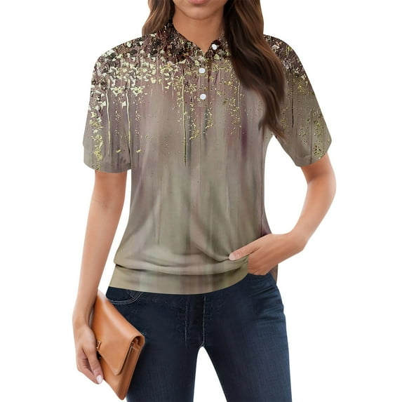 NAMTYQX Summer Tops for Women 2025 Short Sleeve Lounge Womens Golf Shirts Lapel Soft Khaki Size S