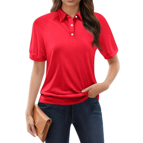NAMTYQX Spring Tops for Women 2025 Short Sleeve Stylish Womens Polo Shirts Soft Lapel Casual Red Size 2XL