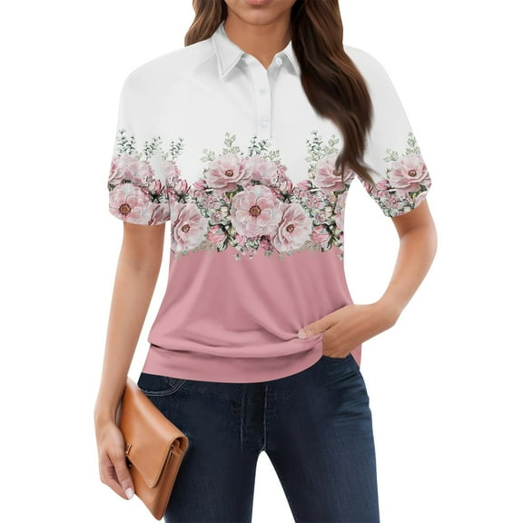 NAMTYQX Spring Tops for Women 2025 Soft Casual Lapel Short Sleeve Fashion Womens Polo Shirts Light Pink Size M