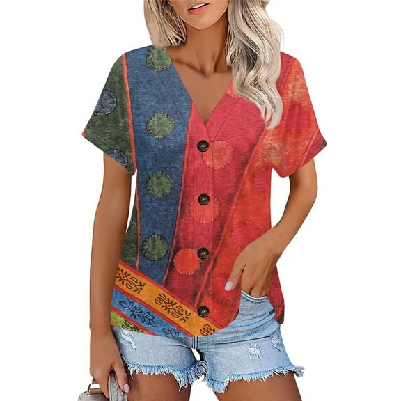 NAMTYQX Spring Tops for Women 2025 Soft Plus Size Fashion Button Down Open Front V Neck Relaxed Fit Casual Light Short Sleeve Watermelon Red Size M