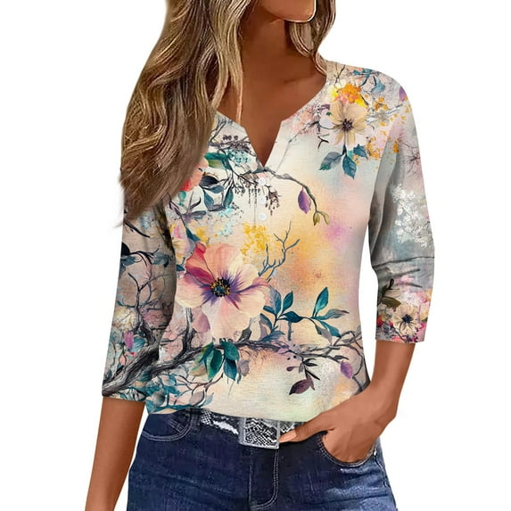 NAMTYQX Spring Tops for Women 2025 Soft Plus Size Trending Comfort Button V Neck Casual Loose Fitting 3/4 Sleeve Beige Size L