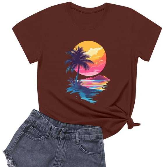 NAMTYQX Spring Tops for Women 2025 Stretchy Bedruckte Plus Size Print Boxy Fit Crew Neck Casual Cool Short Sleeve Womens Spring Tops Wine Size S