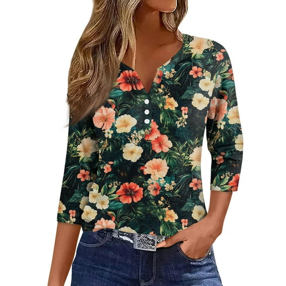 NAMTYQX Spring Tops for Women 2025 Trendy Baggy Casual Soft Plus Size Comfort Button V Neck Fashion 3/4 Sleeve Dark Green Size 2XL