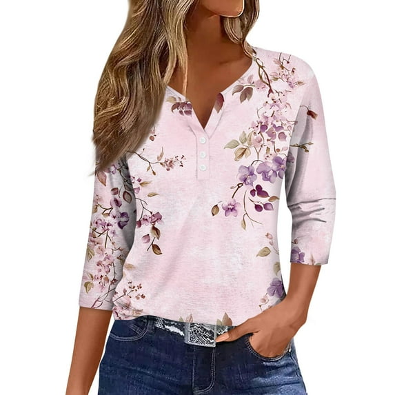 NAMTYQX Spring Tops for Women 2025 Trendy Baggy Stylish 3/4 Sleeve Comfort Plus Size Soft Button V Neck Casual Pink Size S
