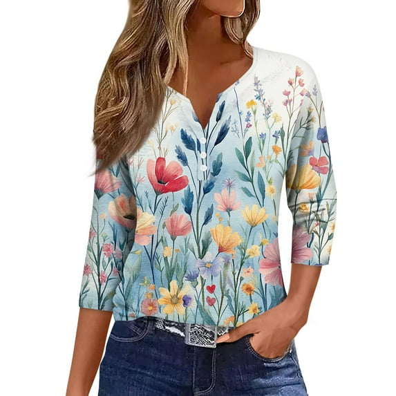 NAMTYQX Spring Tops for Women 2025 Trendy Casual 3/4 Sleeve Loose Fit Button V Neck Plus Size Comfort Soft Trending Sky Blue Size M