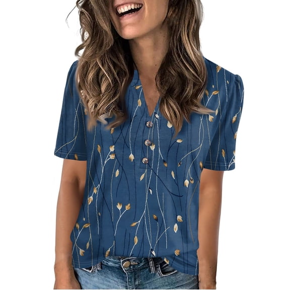 NAMTYQX Spring Tops for Women 2025 Trendy Plus Size Short Sleeve Casual Trendy Loose Fit Comfort Soft Button V Neck Dark Blue Size S