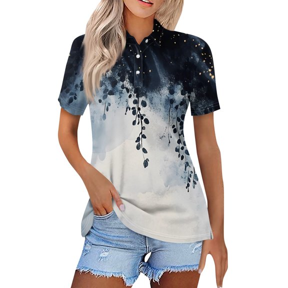 NAMTYQX Spring Tops for Women Soft Plus Size Baggy Trendy Lapel Button V Neck Comfort Casual Short Sleeve Navy Size S