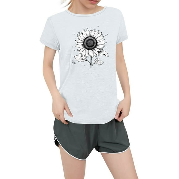 NAMTYQX Summer Blouses for Women 2025 Cool Light Plus Size Classic Print Crew Neck Short Sleeve Loose Patterned Blouses for Women Casual White Size XL