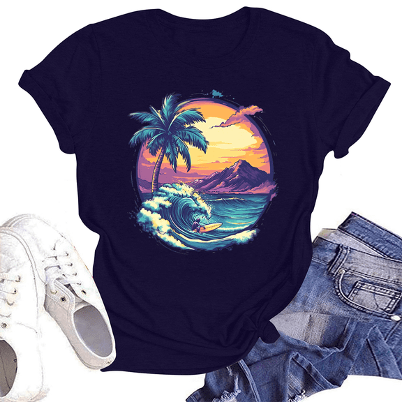 NAMTYQX Summer Blouses for Women 2025 Oversize Muster Scoop Neck Light Relaxed Fit Patterns Airoft Trendy Short Sleeve Basic Tees for Women Navy Size S