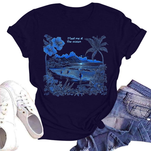 NAMTYQX Summer Blouses for Women 2025 Printed Plus Size Patterned Baggy Round Neck Trending Short Sleeve Lightweight Cool Womens Tshirts Cotton Loose Fit Navy Size S