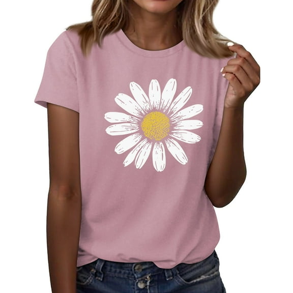 NAMTYQX Summer Blouses for Women 2025 Bedrucktes Print Short Sleeve Crewneck Cute Soft Light Relaxed Fit Plus Size Women's Summer Tops Pink Size M