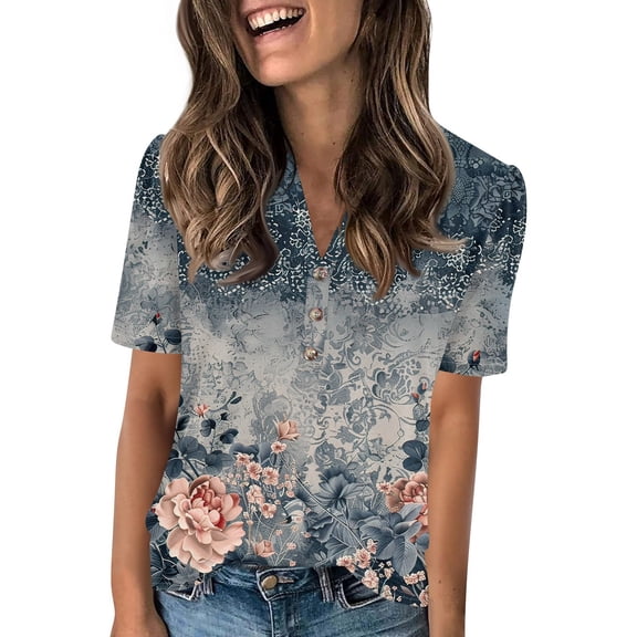 NAMTYQX Summer Blouses for Women 2025 Button V Neck Casual Short Sleeve Stretch Women's Summer Tops Navy Size S