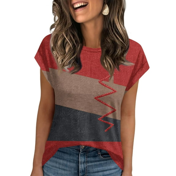 NAMTYQX Summer Blouses for Women 2025 Cool Loose Fit Fashion Pattern Short Sleeve Trendy Tops for Women 2025 Wine Size M